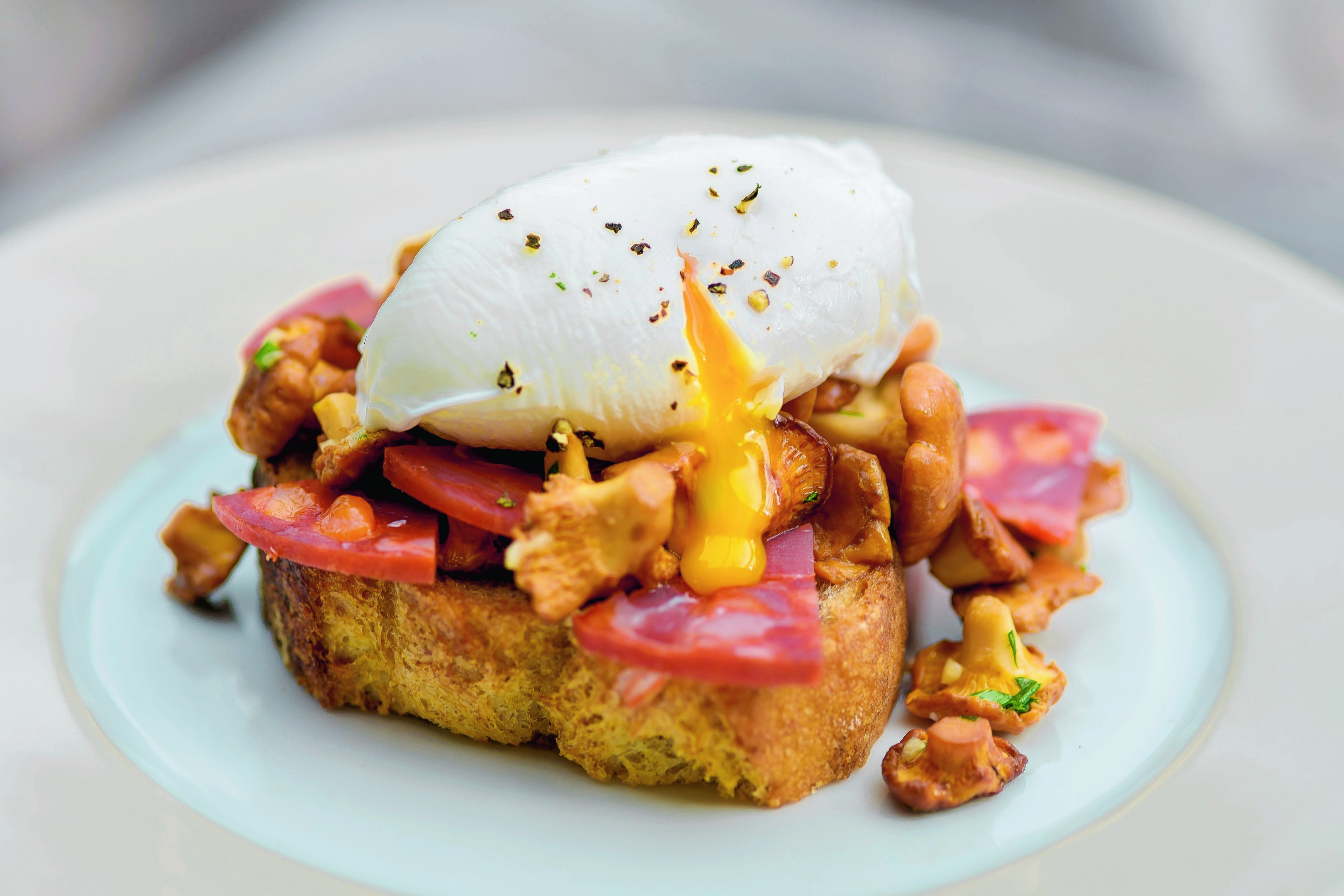 Scottish girolles on toast with poached eggs and chorizo