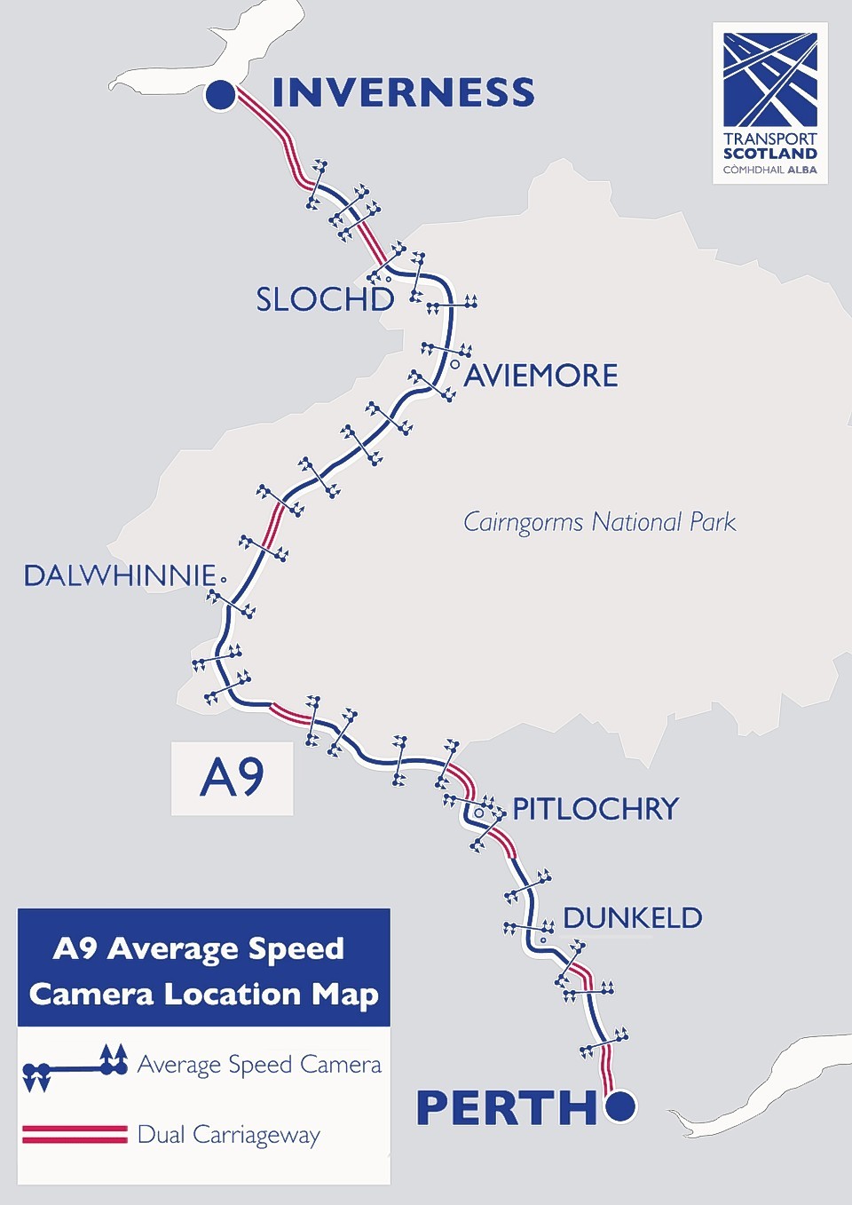 This map shows the rough placement of the average speed cameras along the A9