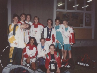 Laura at the 1990 games, including a young Gabby Logan (nee Yorath) bottom right
