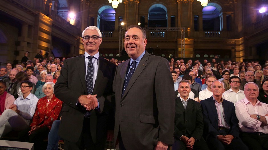 Better Together leader Alistair Darling and First Minister Alex Salmond ahead of the second TV debate over Scottish independence at Kelvingrove Art Gallery and Museum in Glasgow