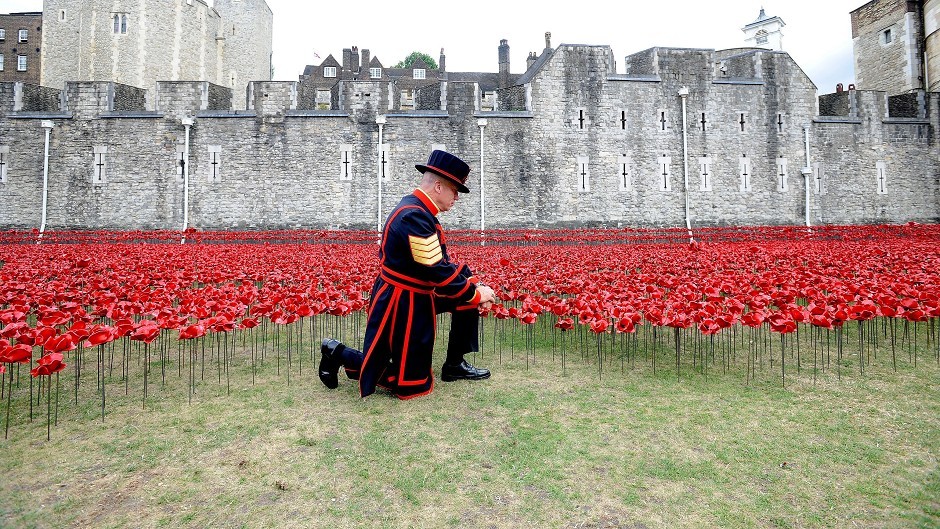 A mass of ceramic poppies form part of an art installation at the Tower of London marking the centenary of the First World War