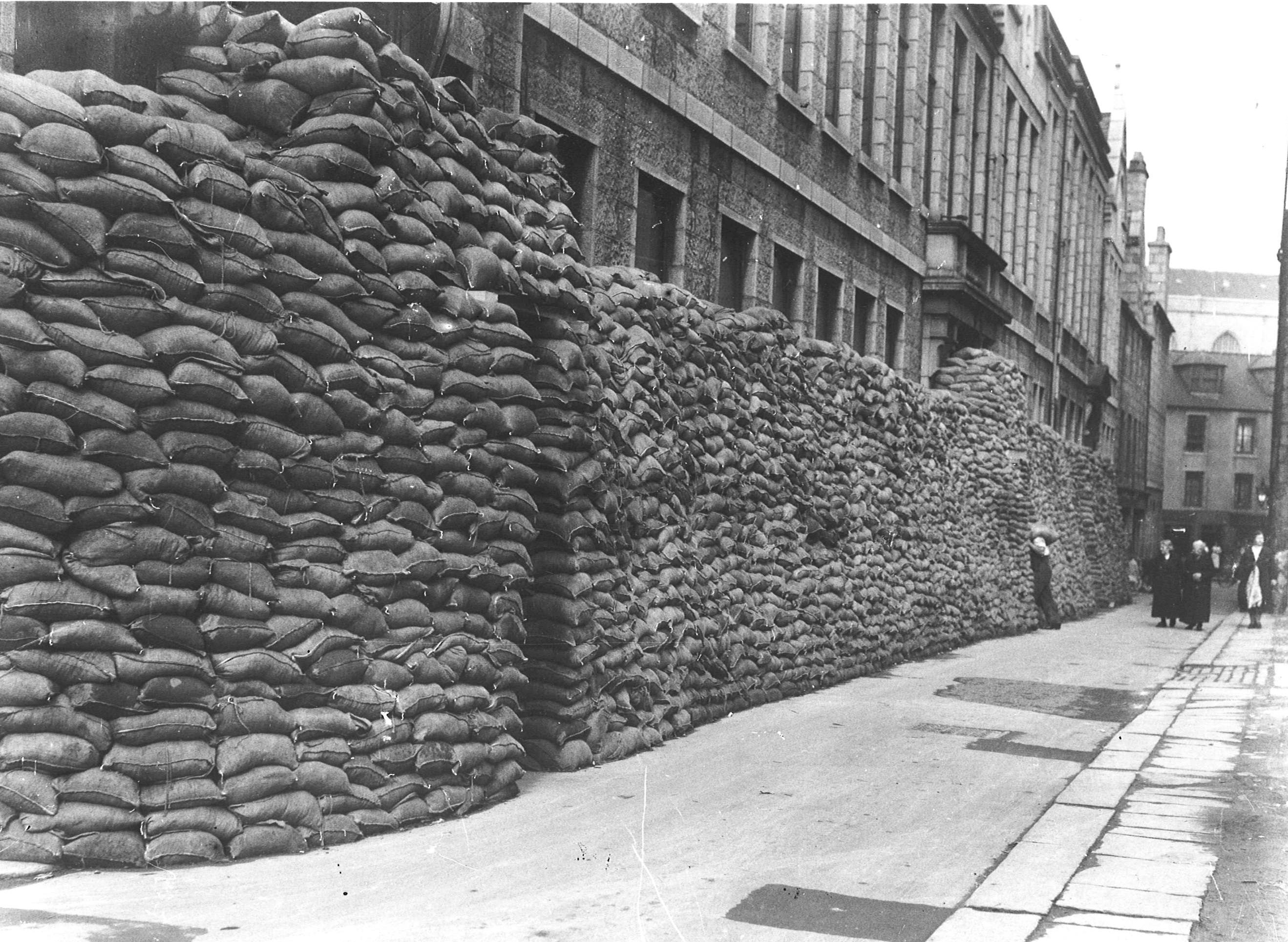 Preparedfor the tide of war - sandbags protect POlice HQ at Lodge Walk ABERDEEN