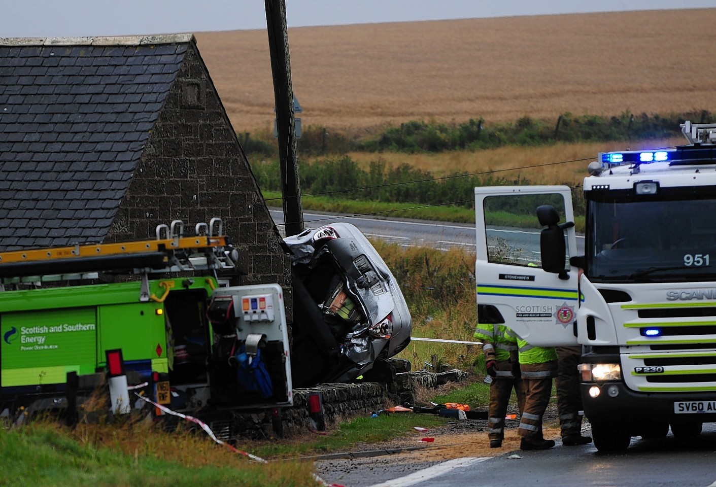 Emergency services in attendance after a car crashed into a hour between Stonehaven and Inverbervie