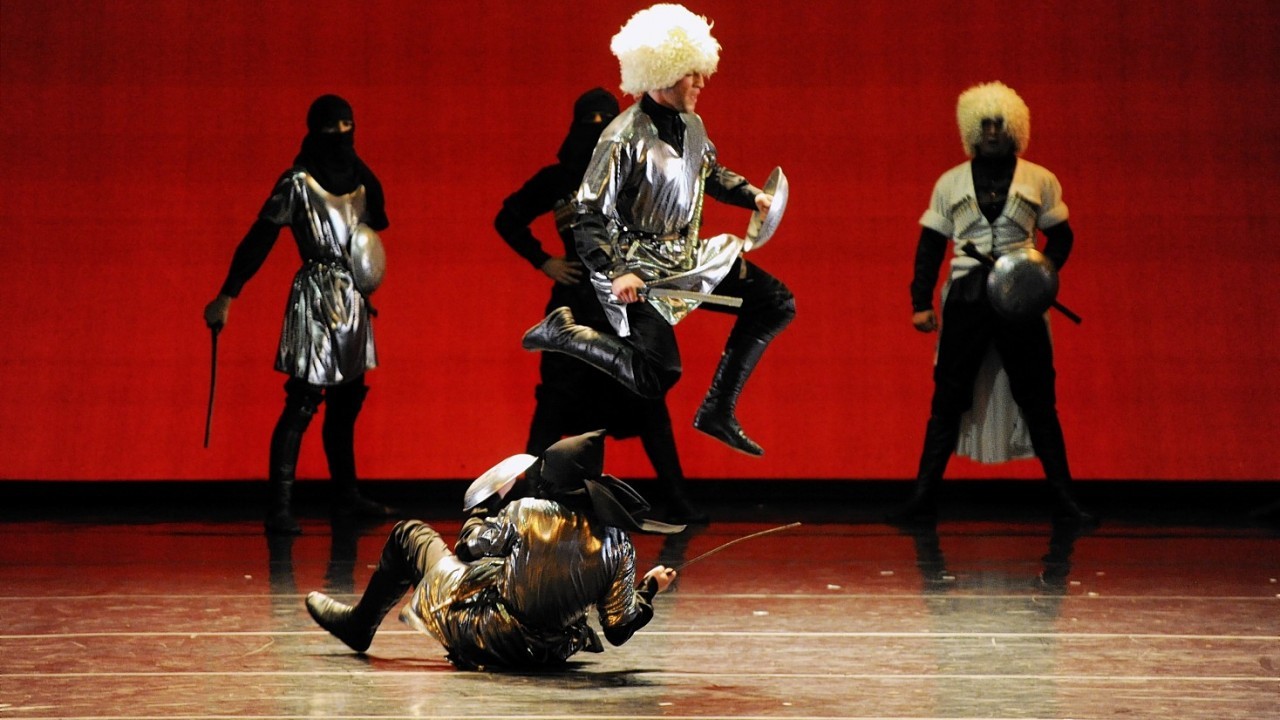 Elbrus Circassian Dance Troupe performing Warrior's Dance as part of Aberdeen International Youth Festival at HMT.