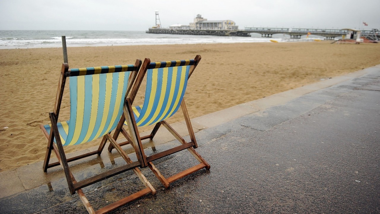 A deserted Bournemouth Beach on a rainy Bank Holiday Monday