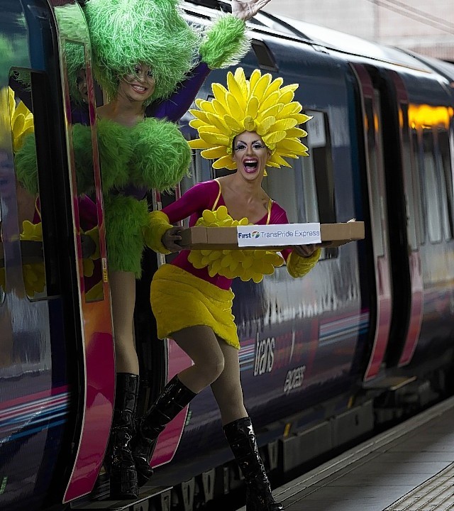 First TransPennine Express (FTPE) has replaced their on-board catering attendants on trains from Manchester Airport station with TransPride Trolley Dollies ahead of Manchester's Pride Festival on Friday