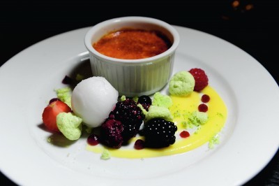 Vanilla creme Brulee, lemon curd, berries, basil merangue, ginger beer sorbet