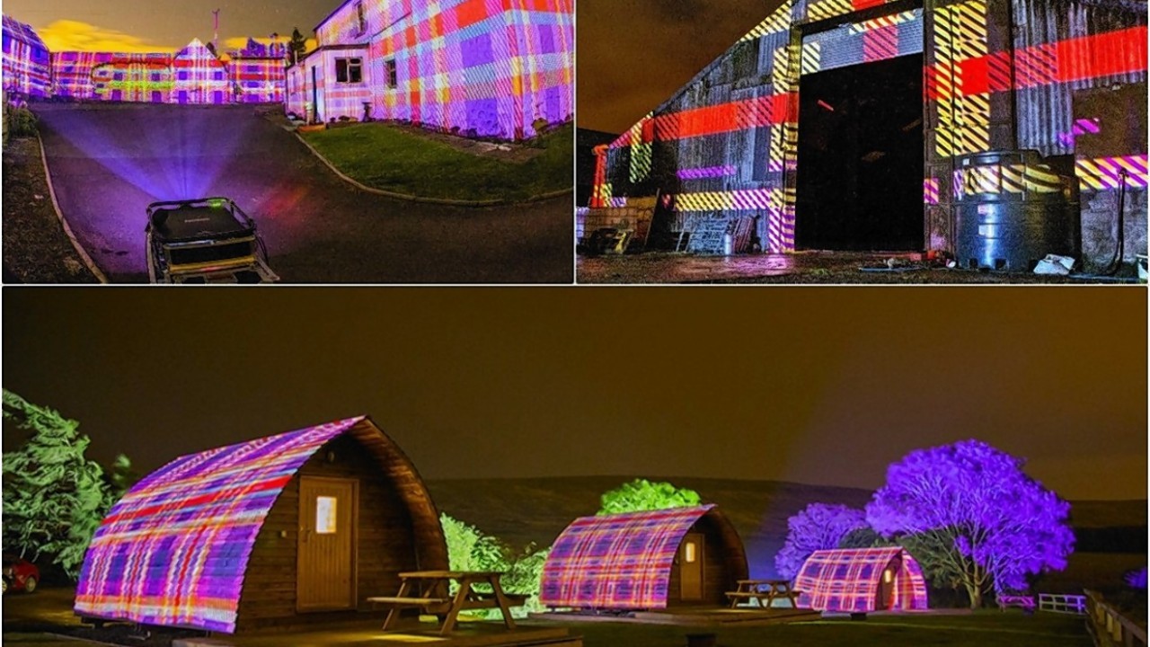 A group of digital artists and photographers have used the latest digital technology to shine lighting on Leyden Farm's buildings and barns to stunning tartan effect.