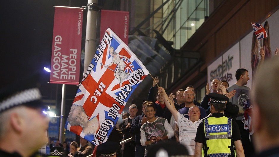 Unionists gather in George Square, Glasgow, where police separated them from Yes supporters