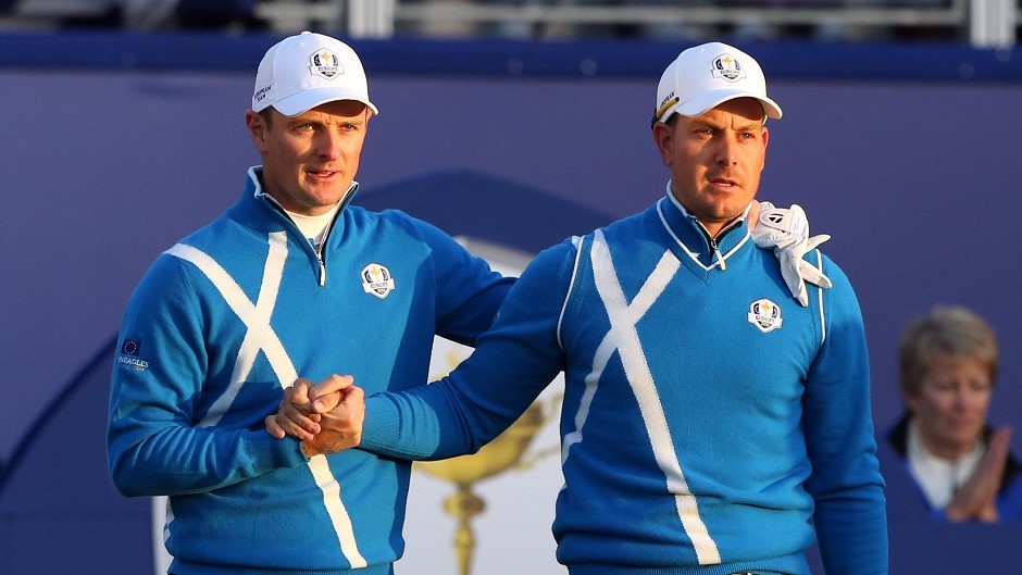 Henrik Stenson, right, and Justin Rose got Europe's defence of the Ryder Cup under way at Gleneagles