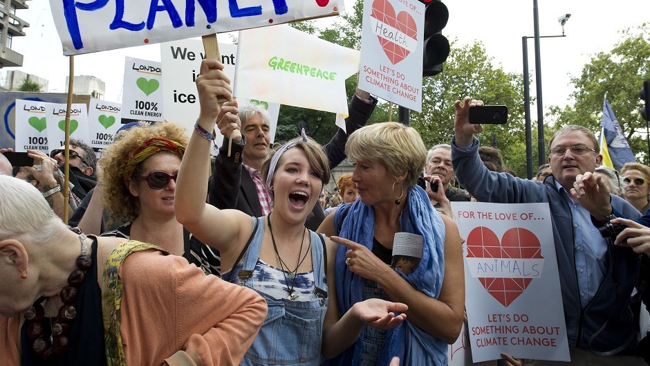 Gaia and her mother Emma Thompson at The People's Climate March, central London