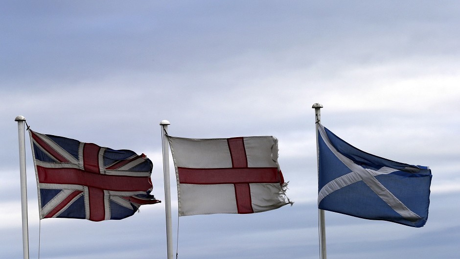 From left, the Union Jack, St George's Cross and the Saltire.