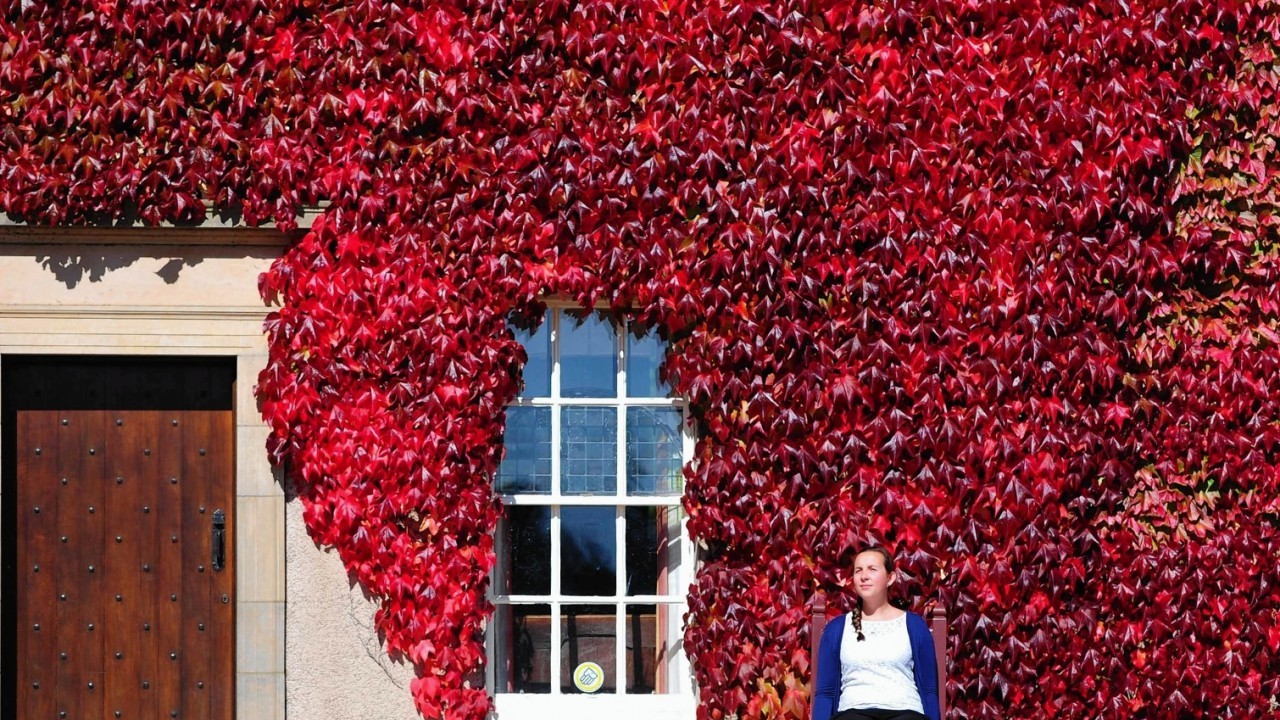 Megan Fowler enjoys some late summer weather in Crathes Gardens, Aberdeenshire today as early autumn colour breaks out behind her