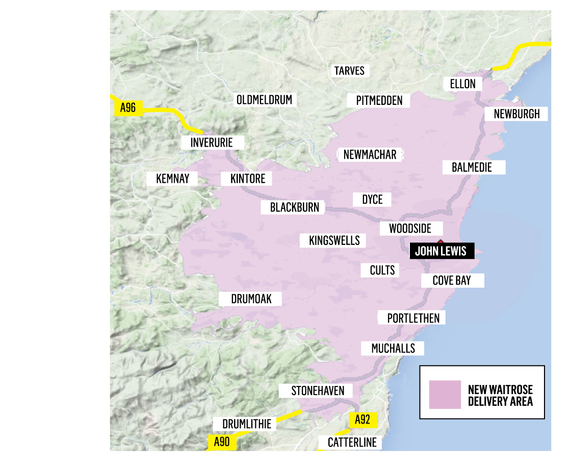 The areas potentially covered around Aberdeen by Waitrose's new service