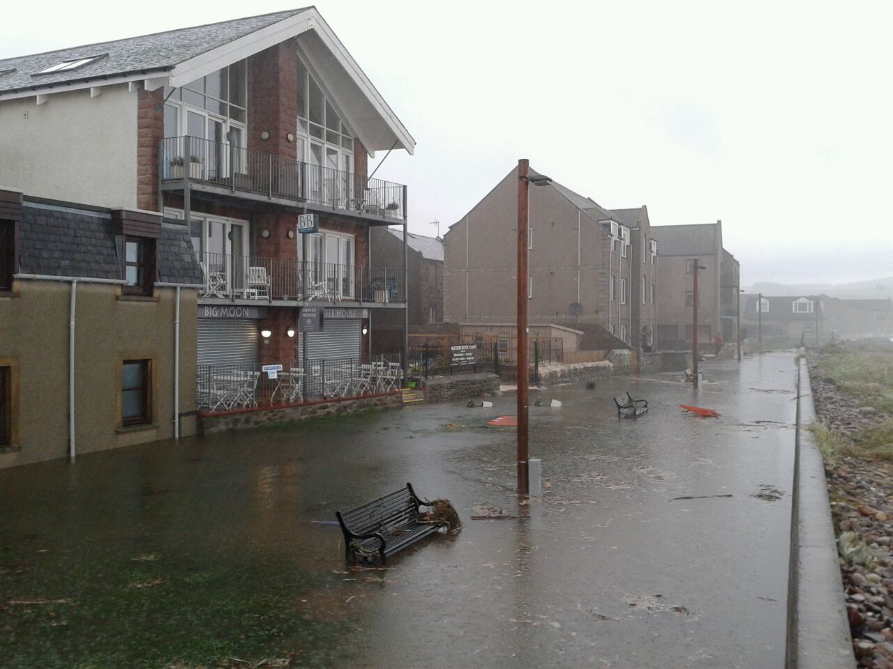 Rising flood waters along Stonehaven beachfront