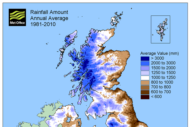 Map of the wettest places in Scotland since 1981