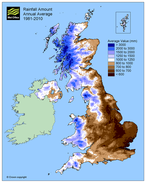 Map of the wettest places in Scotland since 1981