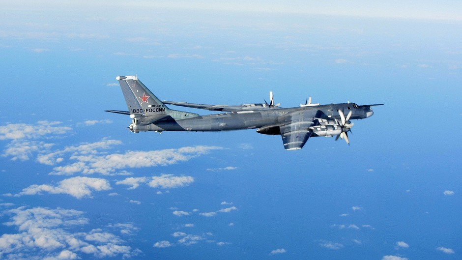A Russian Bear H aircraft as photographed from an intercepting RAF quick-reaction Typhoon near to UK airspace (MoD/PA Wire)