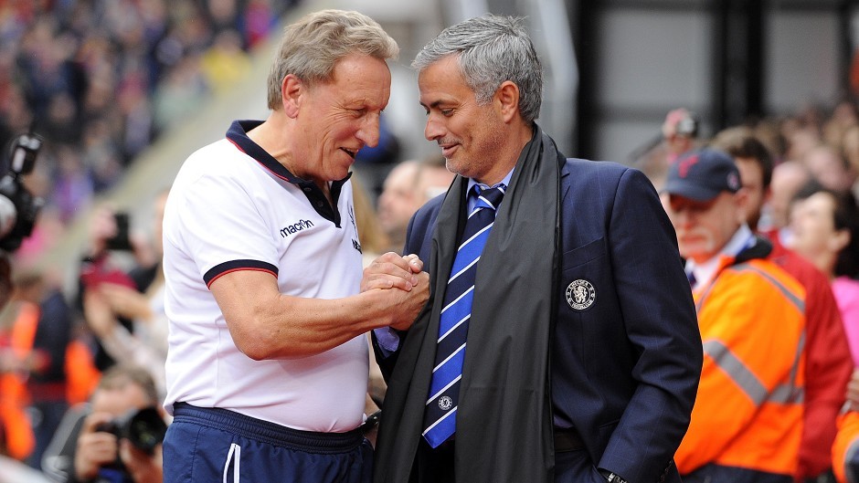 Neil Warnock, left, during is time at Crystal Palace, shaking hands with then Chelsea boss Jose Mourinho. Image: PA.