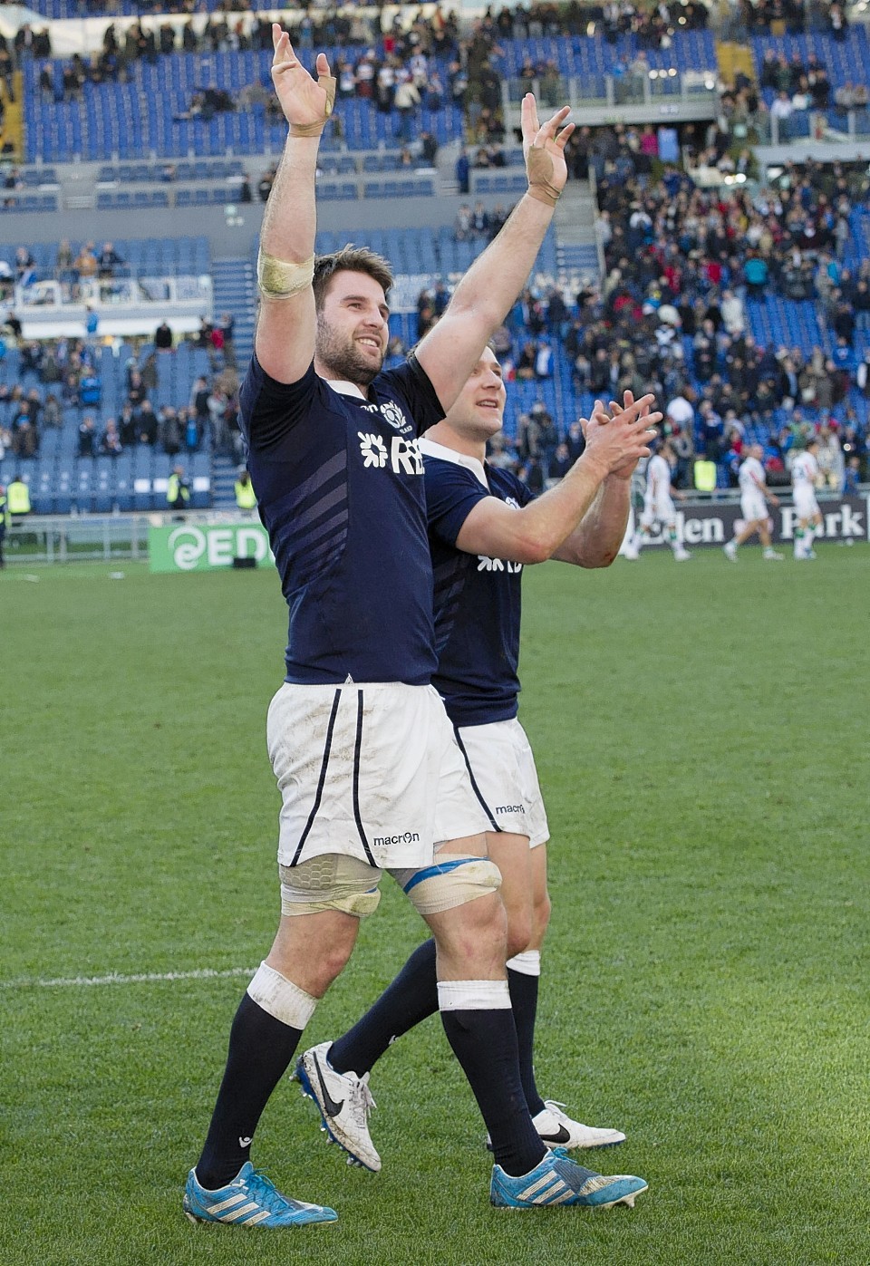 Johnnie Beattie celebrates Scotlands narrow win over Italy in February this year
