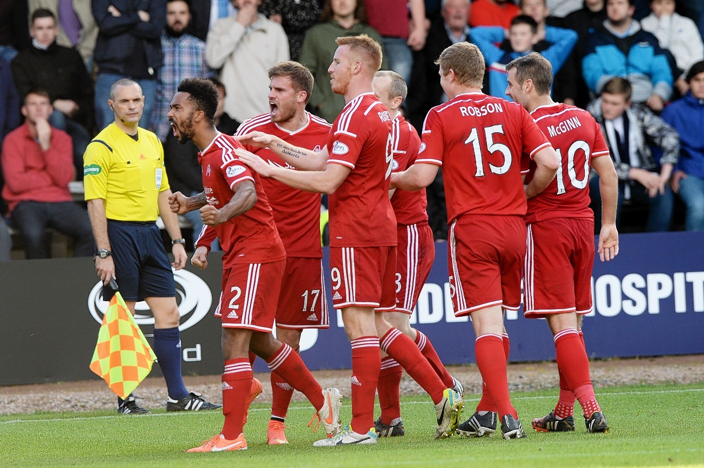 The Dons celebrate Goodwillie's winner