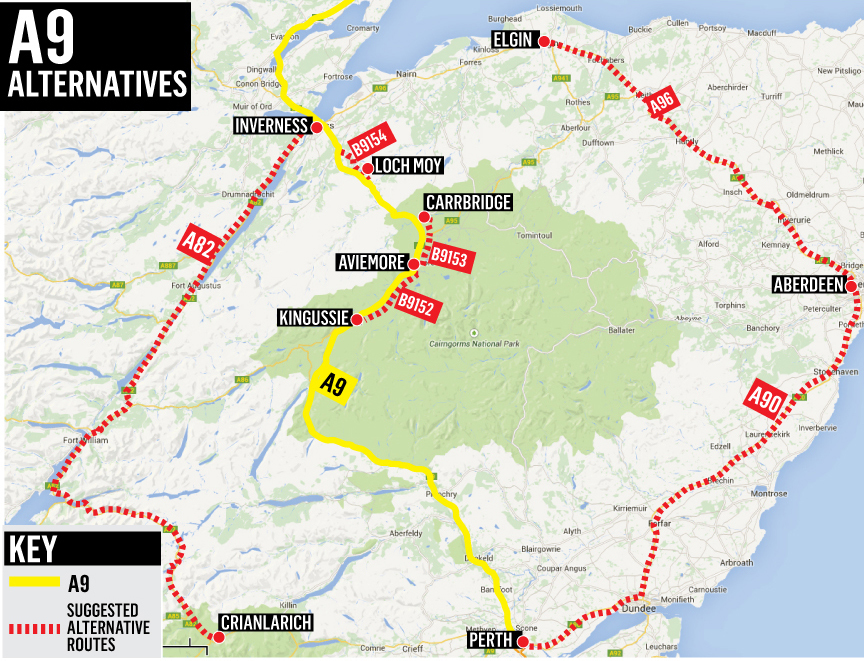 A9 alternative routes map