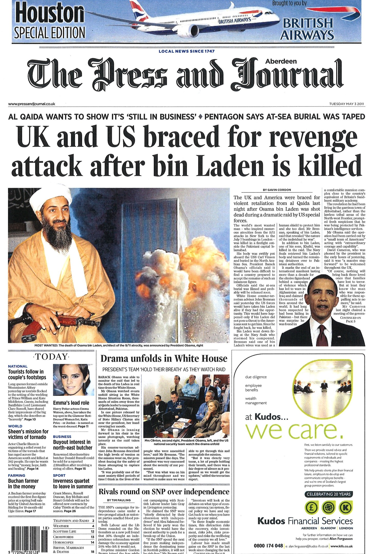 Front page on Tues 3 May 2011