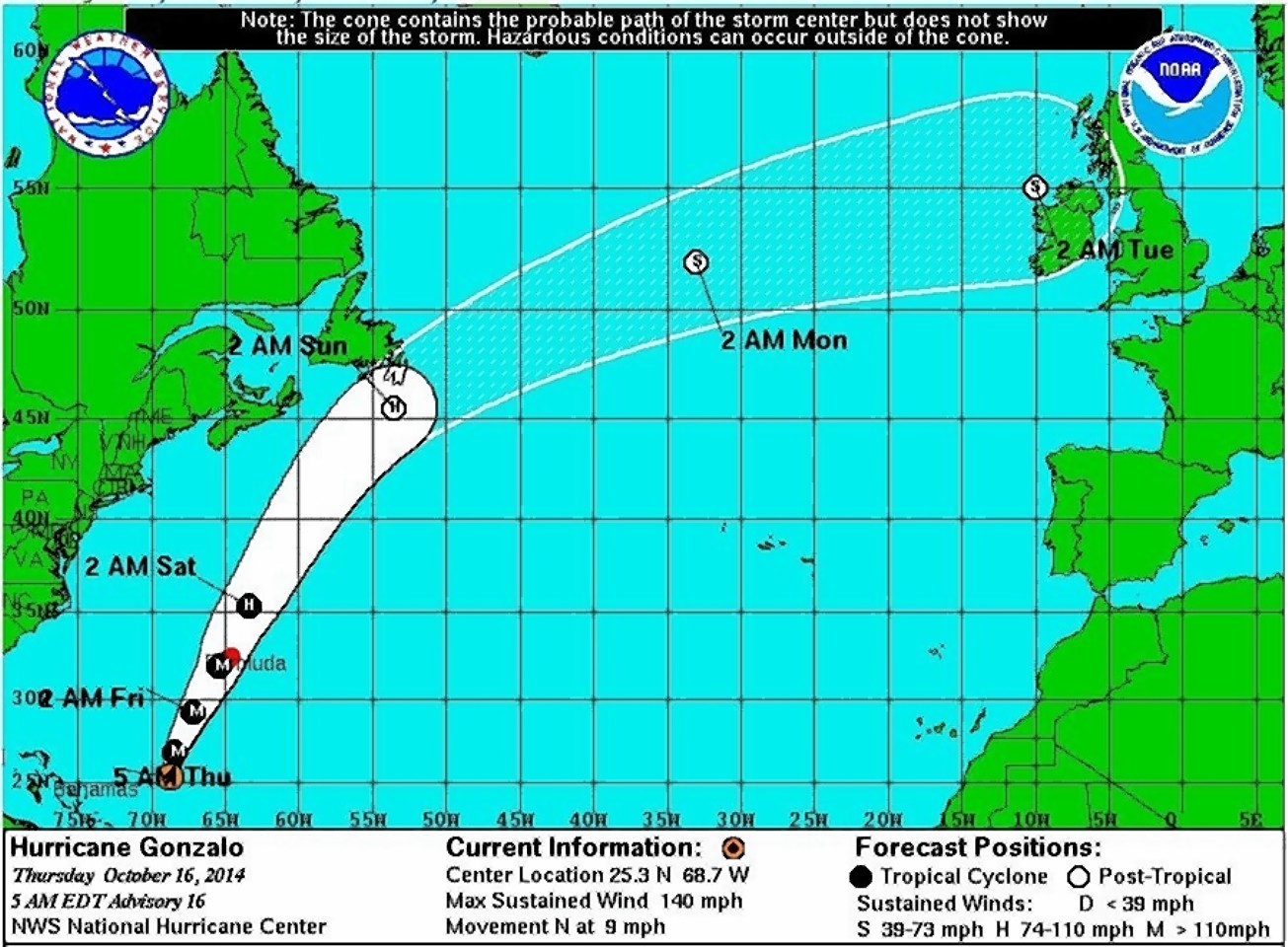 The moving weather front caused by Hurricane Gonzalo