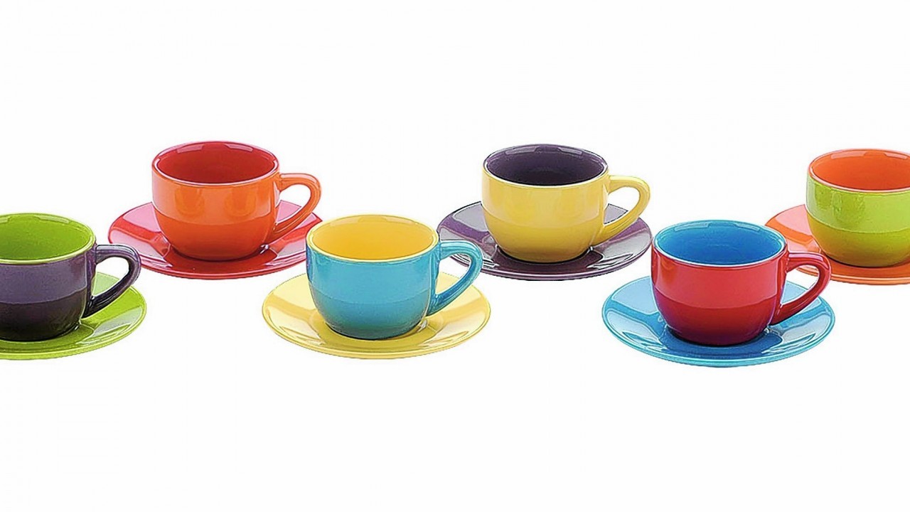 Set of 6 Espresso Cups and Saucers, assorted colours in stoneware, AGA Cookshop
