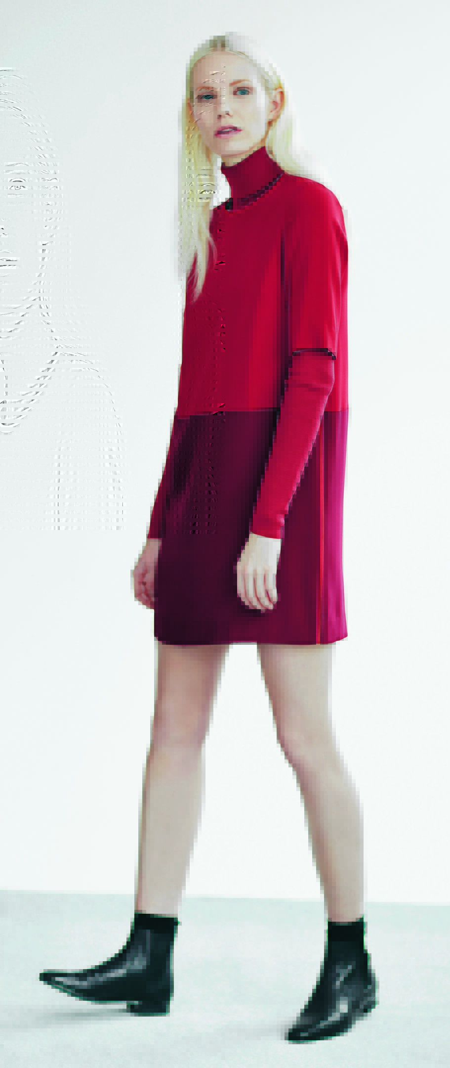 Colour block crepe dress, £129; polo neck, £79; Pixie ankle boots, £129; all Jigsaw 
