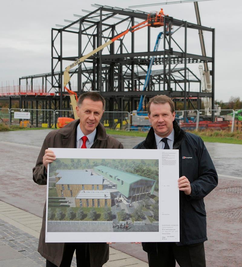 Clive Mulholland Principal of UHI and Alex Paterson, Chief Executive of HIE, in front of the site of the new HIE / UHI Building on Inverness Campus