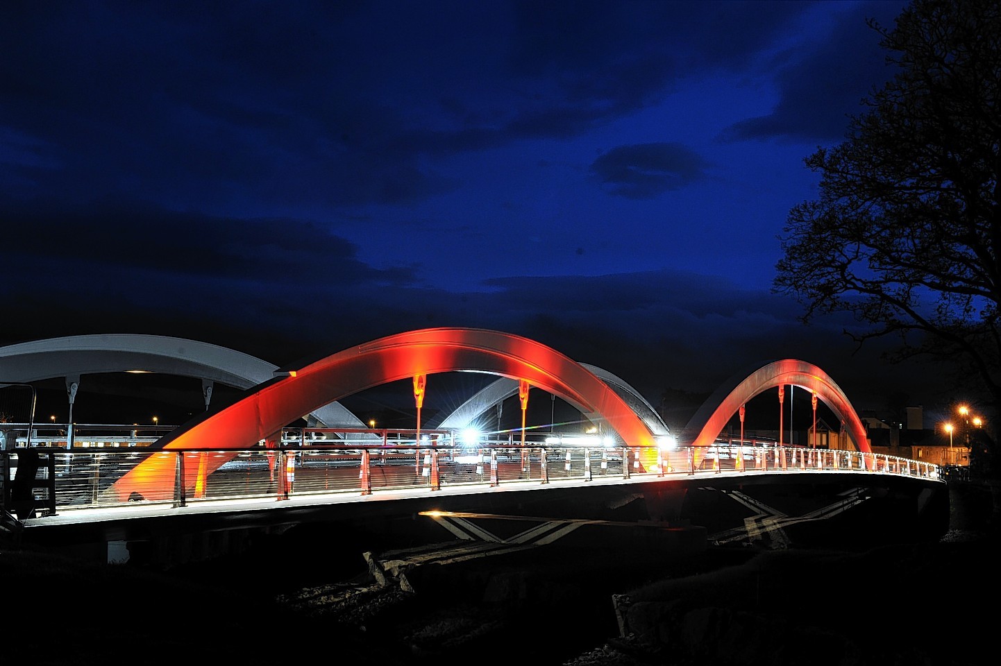 The lit up Landshut Bridge