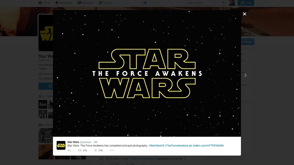 Screengrab taken from the Twitter feed of @starwars showing the logo for the newly named instalment of the Star Wars saga, The Force Awakens