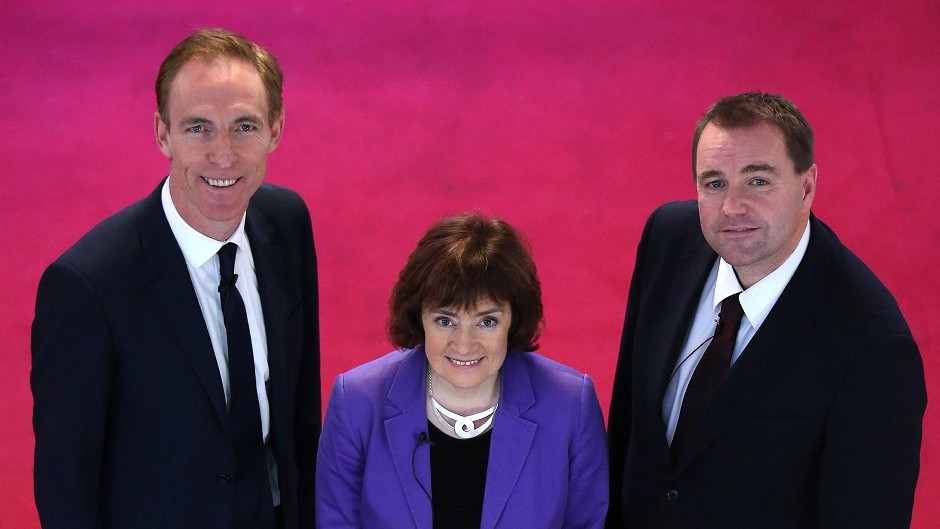 (left to right) Scottish Labour leadership candidates Jim Murphy, Sarah Boyack and Neil Findlay at City Halls in Glasgow