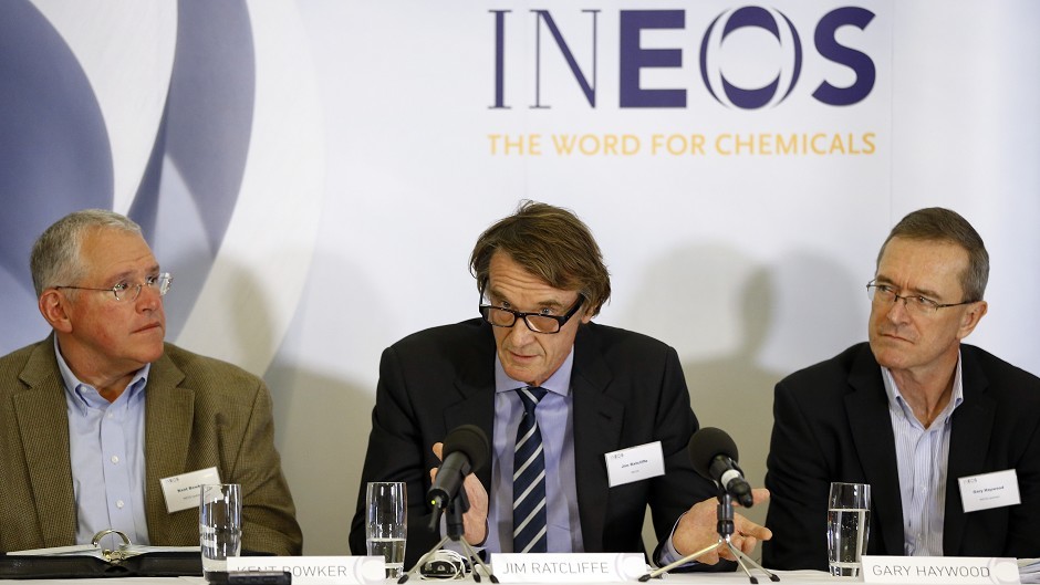 Jim Ratcliffe, chairman of Ineos speaks during a press conference in London (AP)