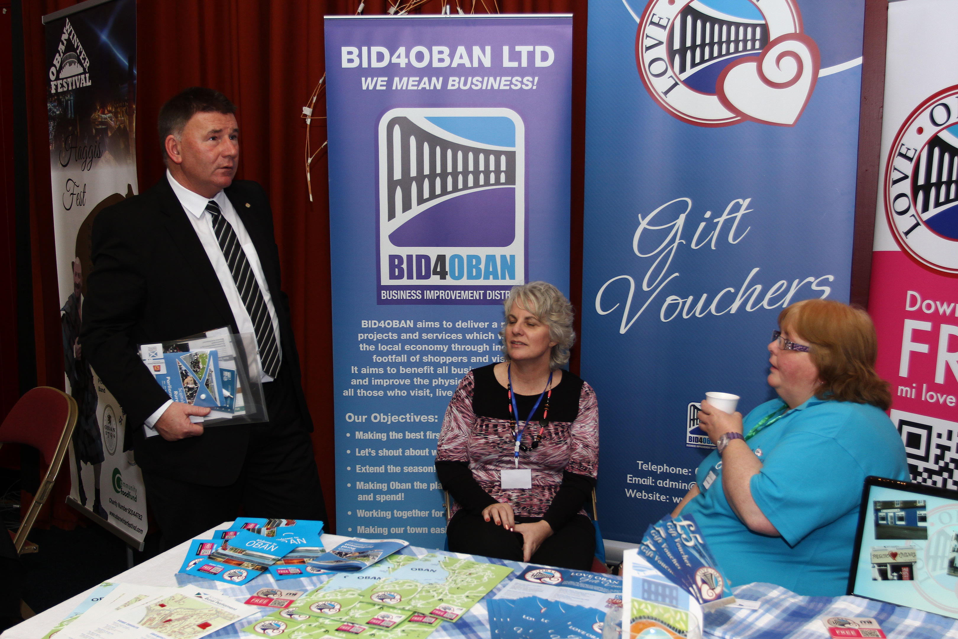 Councillor Roddie McCuish with Yvonne MacDougall at the Bid4Oban stand at the Rural Parliament conference. Picture by Kevin Mcglynn