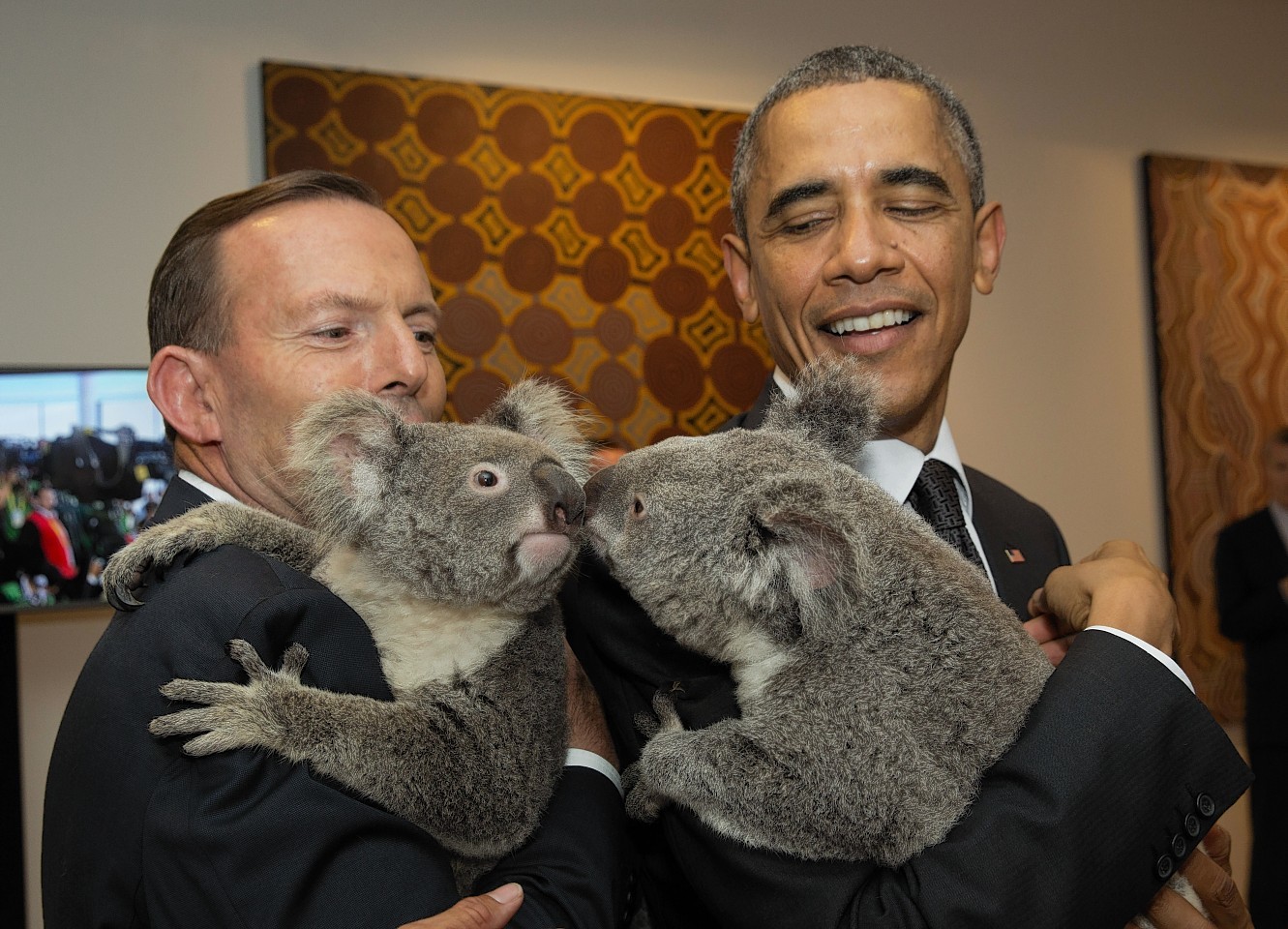 President Barack Obama, right,  and Australia's Prime Minister Tony Abbott get cosy with koalas