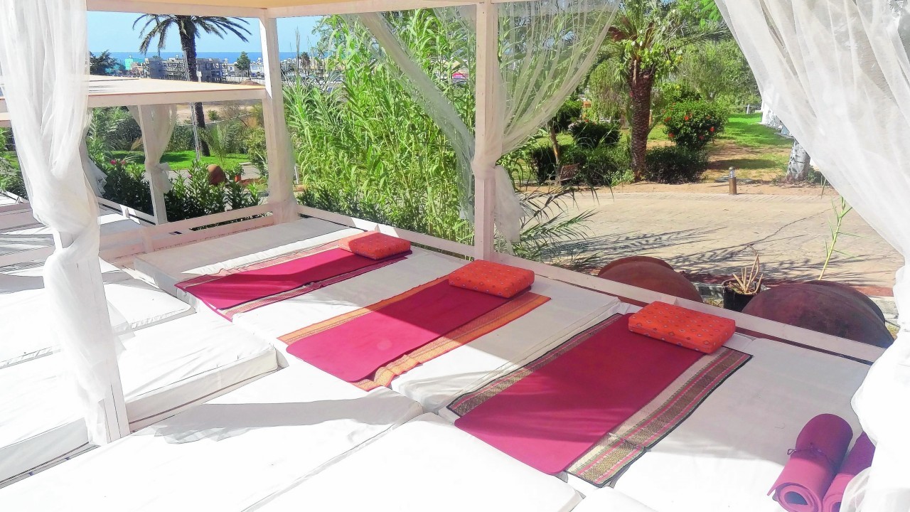 Yoga mats outside Yogi Studio at Zening Resort in Latchi