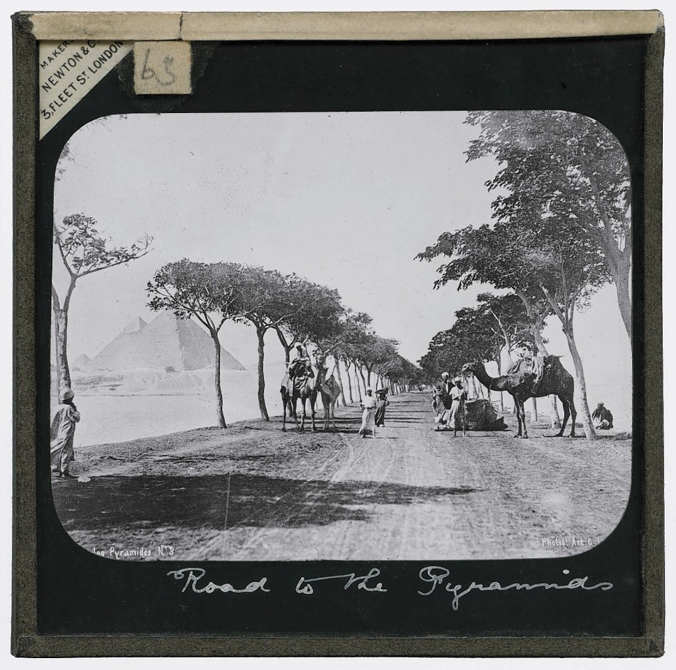 Road to the Pyramids. Photograph of a road to the Pyramids in Egypt showing men with camels on a tree-lined dirt road with the Pyramids in the background in the early 20th century.