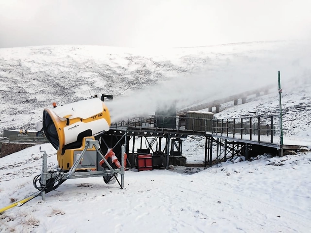 One of the CairnGorm Mountain snow canons helping to boost snow cover on the mountain