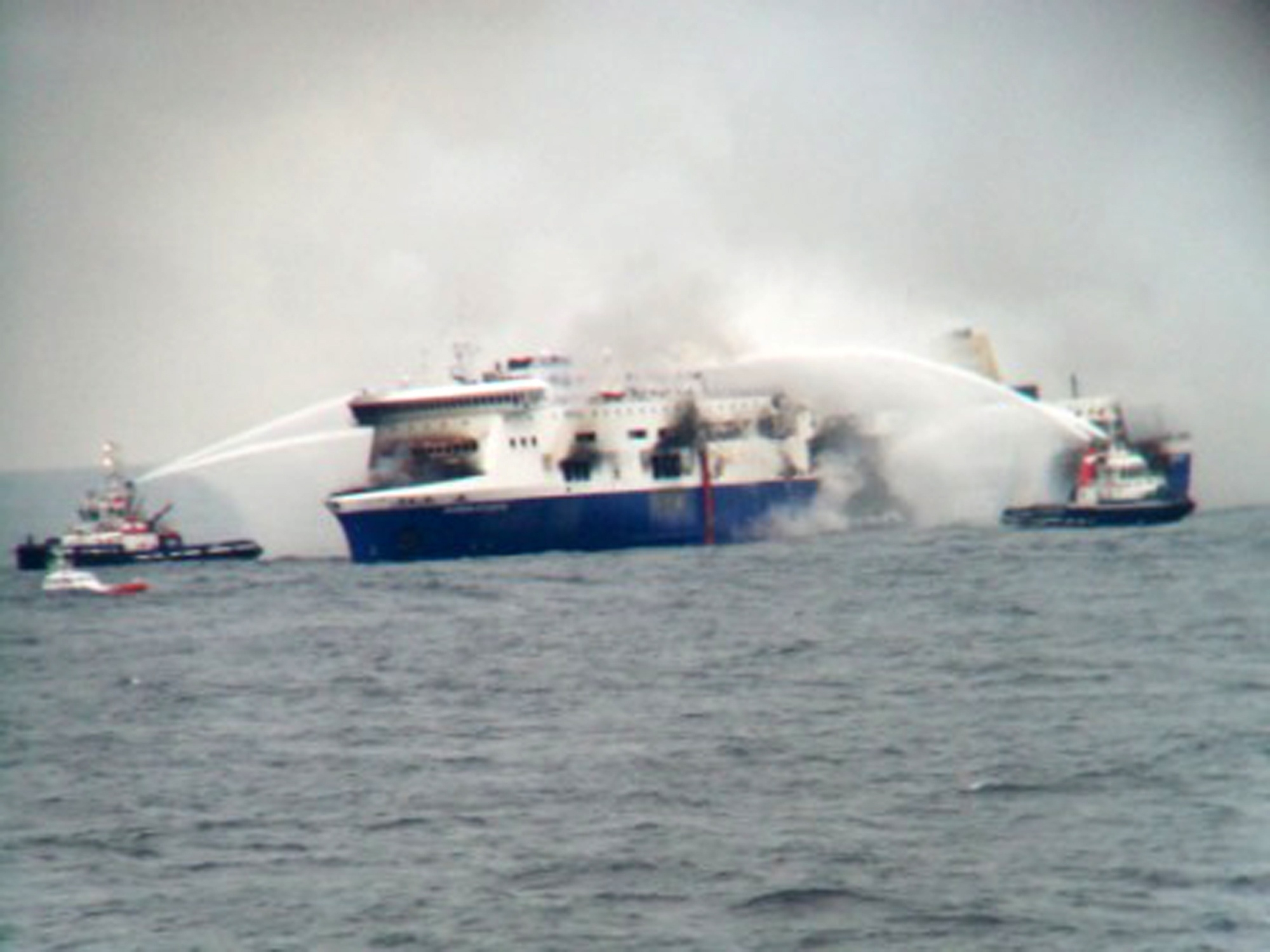 Vessels try to extinguish the fire at the Italian-flagged Norman Atlantic