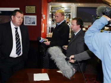 Fomer Dundee chief exec Harry McLean delivers the statement at Dens Park on the resignation of Mr Melville