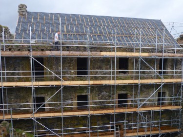 Scaffolding covers the facade of the north range of Mingary Castle