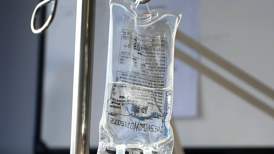 Stock image of saline bag in a hospital.