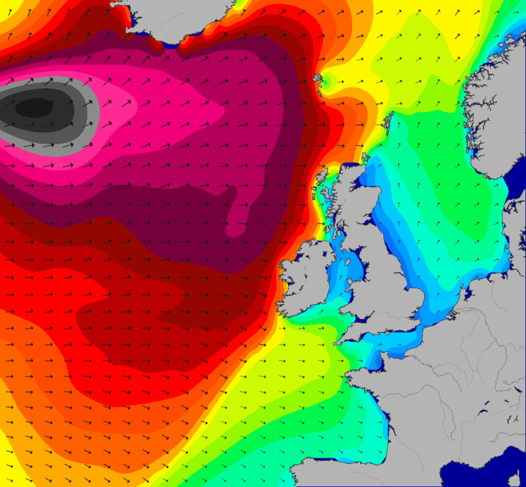 Black spot on map shows huge waves heading for Scotland