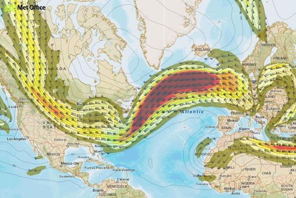 Map shows the jet stream coming across the Atlantic