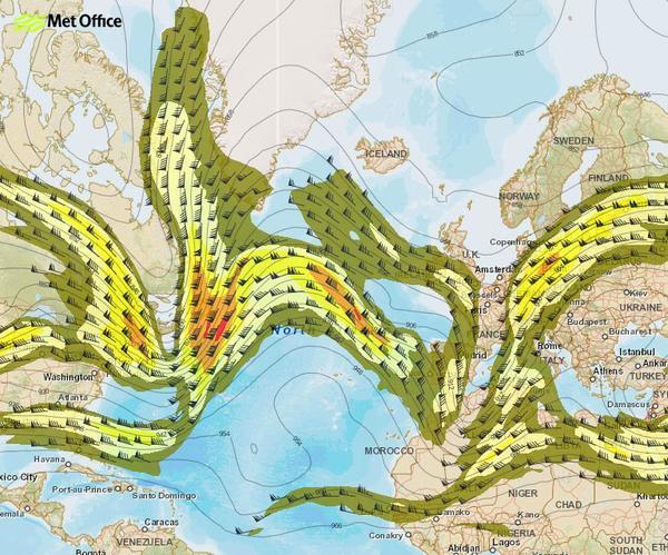 The cold weather front moving across the UK from the Atlantic Ocean