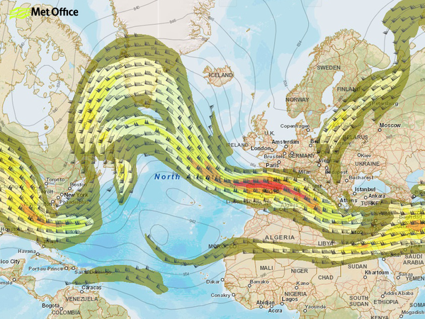 Moving cold weather front across Europe and North America