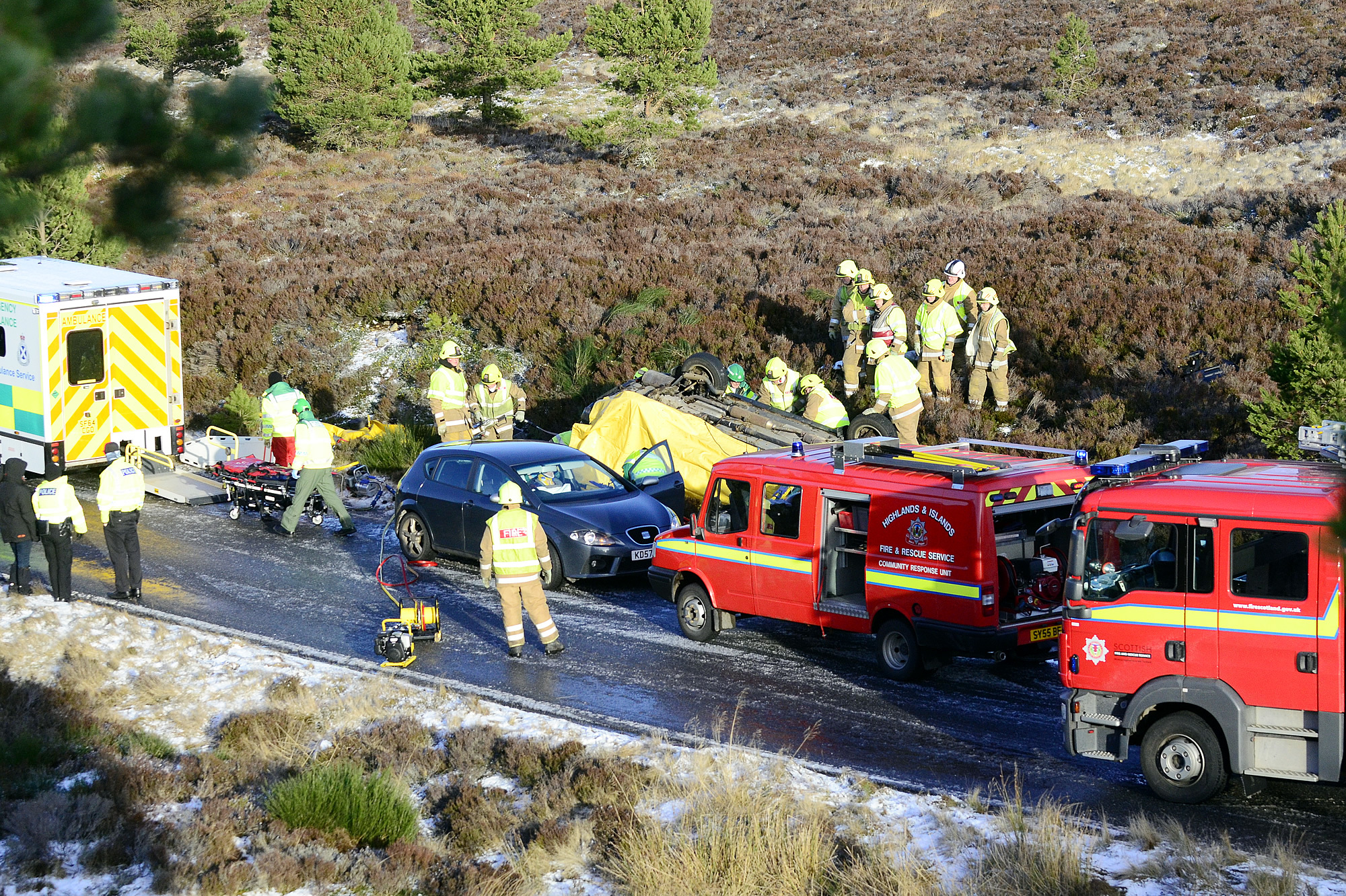Emergency services at the scene of the B9007 crash