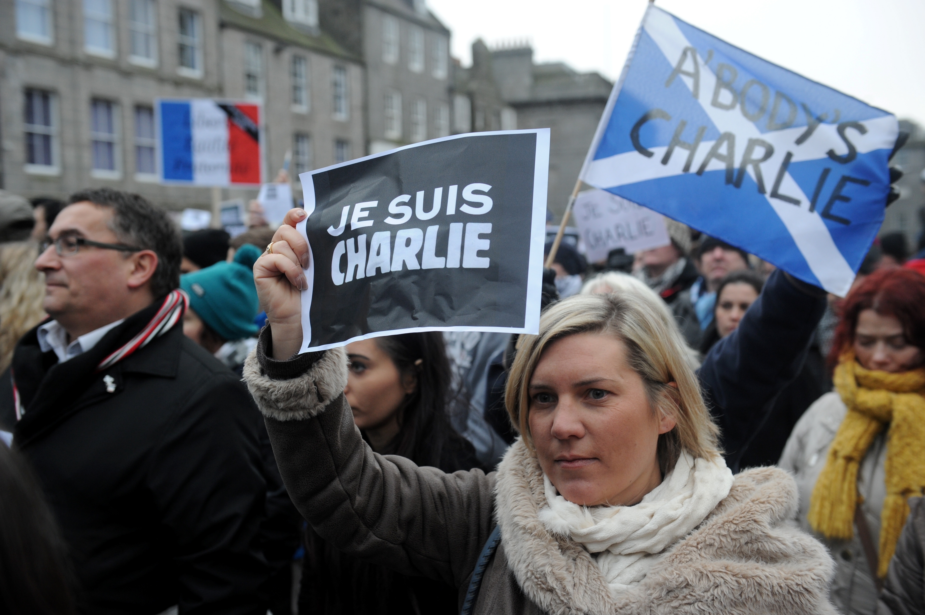 Vigil For Charlie Hebdo And Defence Of Freedom at the Castlegate to protest against the terrorist attacks in Paris and to stand-up for a free press, free speech, and political satire. 